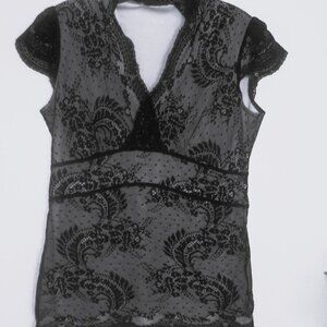 NEW York & Co. Ladies Blouse Black Nylon Lace Size M-White Lined Short Sleeve-